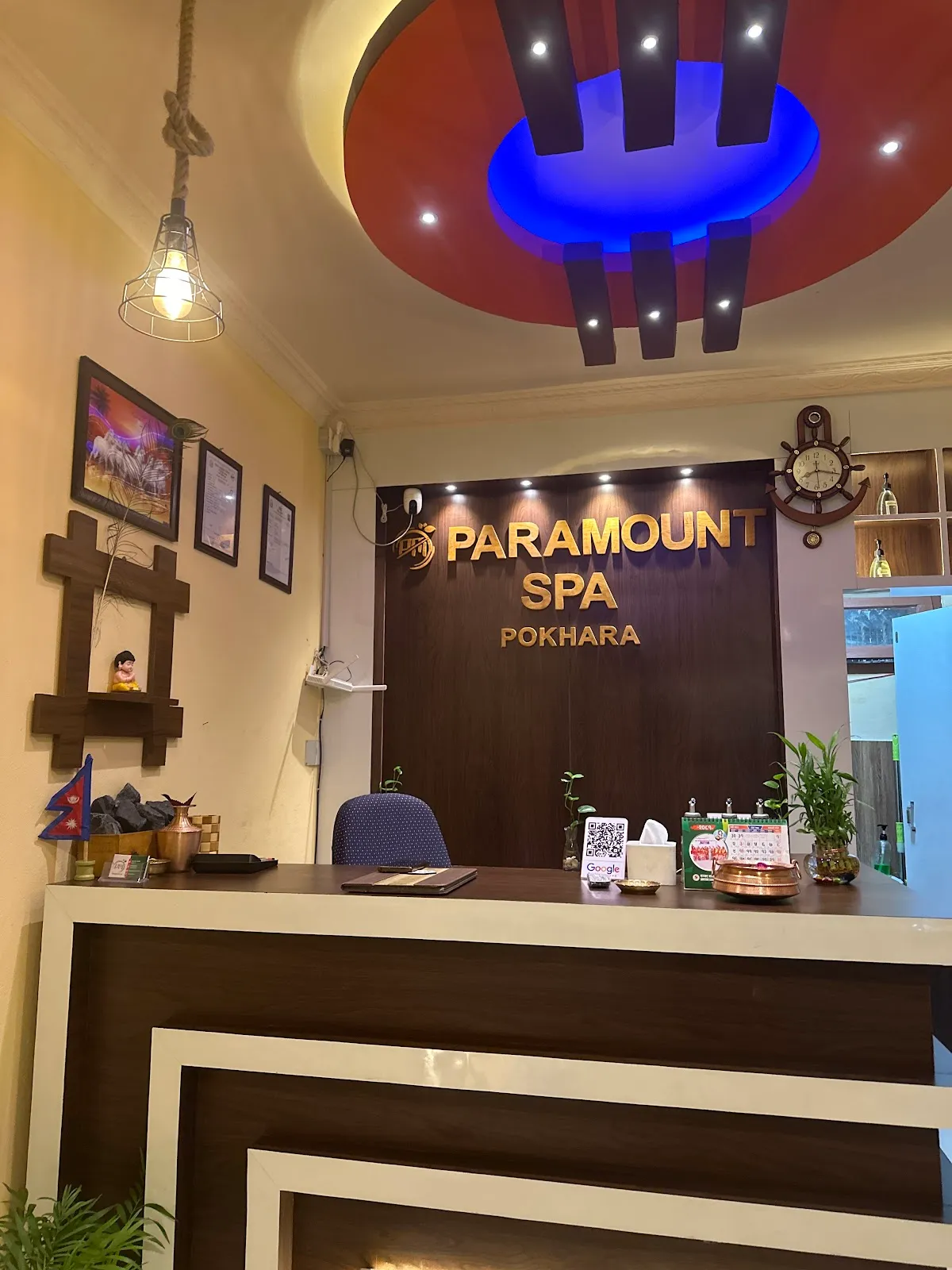 The wider reception view with the Paramount Spa Pokhara back wall